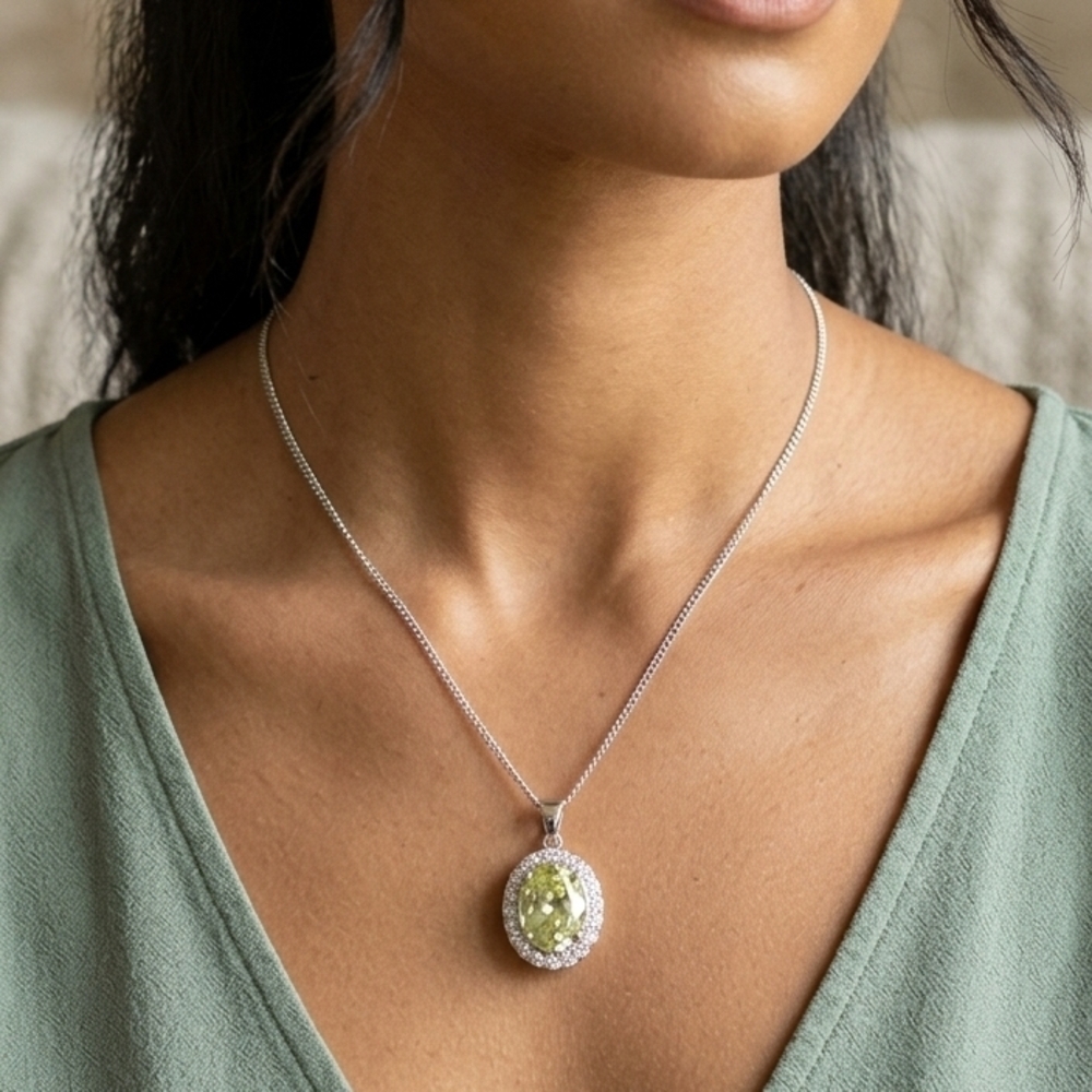Source Unknown Elegant Silver Tone Halo Pendant Necklace Lemon Quartz Style 10"